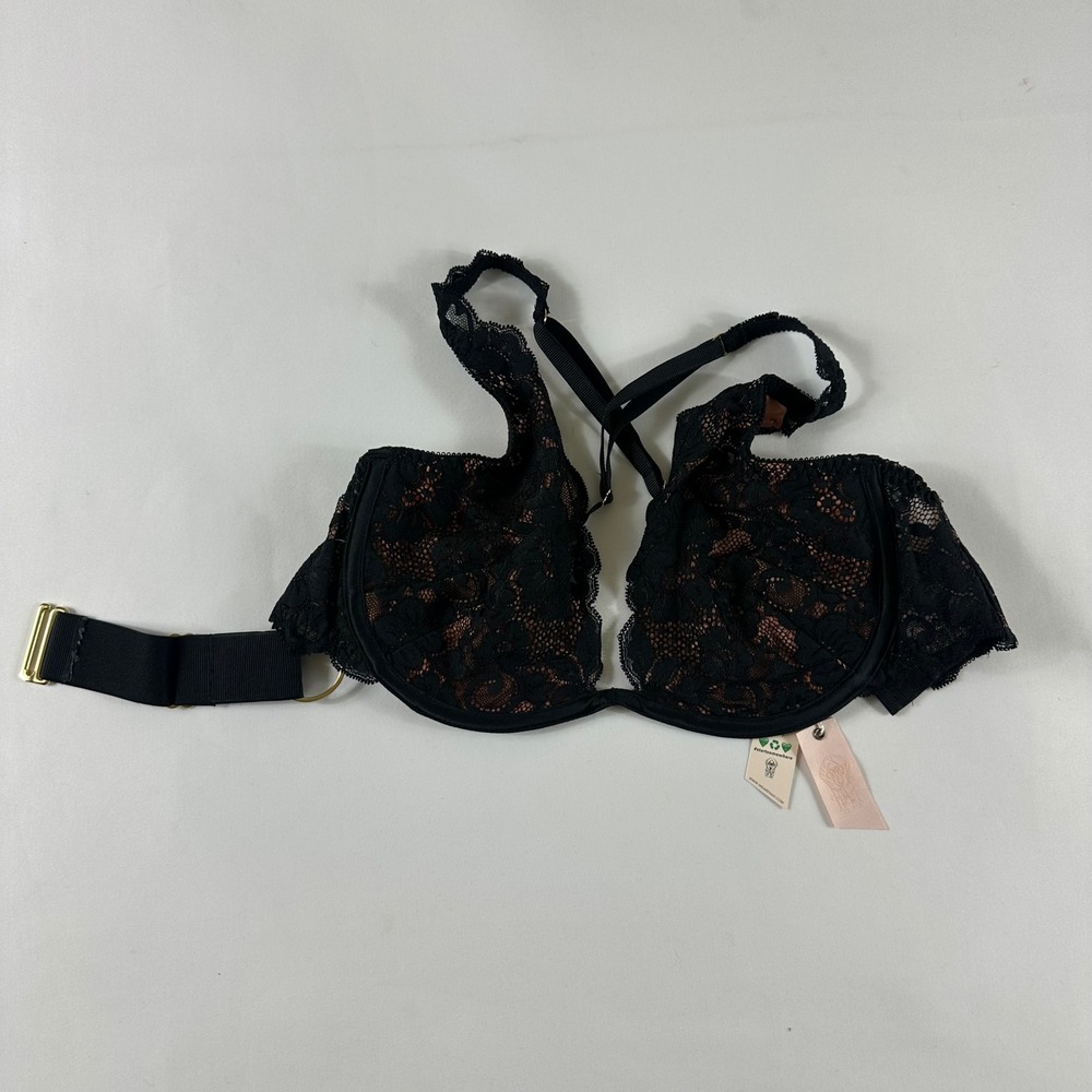 WE ARE BY LISSIE Lace Trim Balconette Bra Black Copper‎ 28 36DD NWT